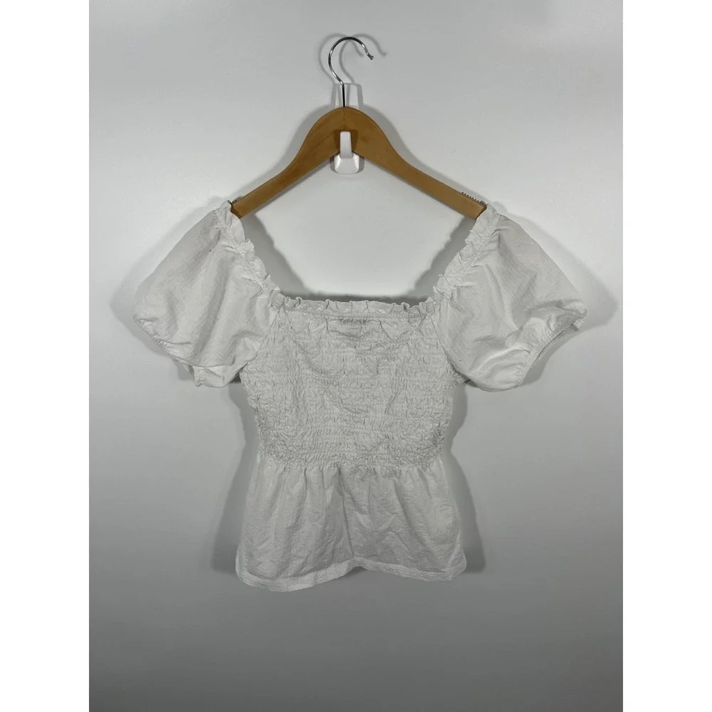 J Crew Womens Blouse XS White Puff Sleeve Milkmaid Peasant Cottage Boho Coastal